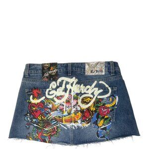 New Ed Hardy Tattoo Denim Jean Mini Skirt Size M Y2K Streetwear Edgy Grunge Punk
